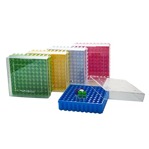 CryoKing 100-Well PC Cryoboxes, 2in Height, Assorted Colors, Case of 20 | Drain holes and air vents minimize condensation, Numbered grids for sample identification