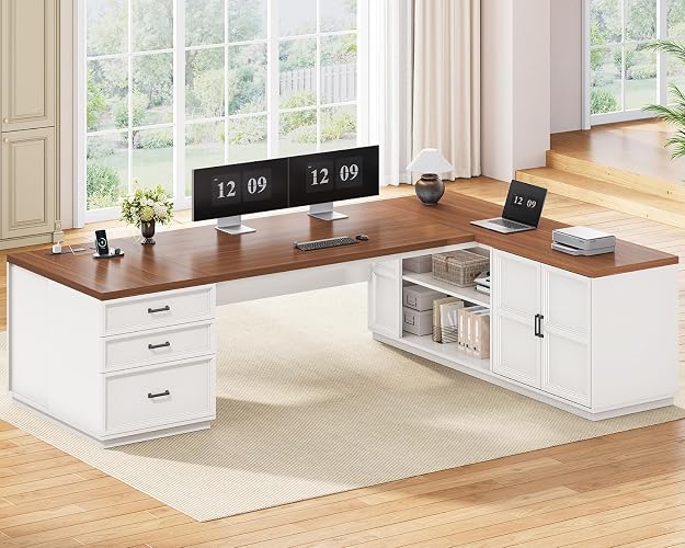 SEDETA 78.7" L Shaped Executive Desk with Charging Station, Large Home Office Computer Desk with File Drawers & Adjustable Storage Cabinet, CPU Stand, Modern L Desk for Business, White + Brown