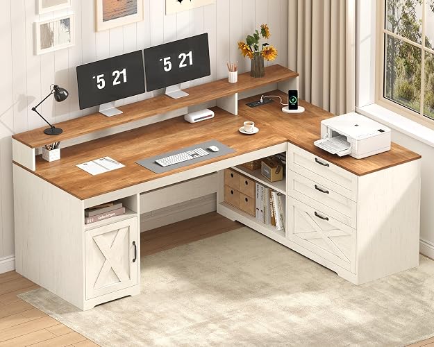 61" Farmhouse L Shaped Desk with Drawers ＆ Storage Shelves for Home Office | Home Office Desk with Storage Cabinet and Power Outlet, Brown White Desk with Storage Shelves and Monitor Stand