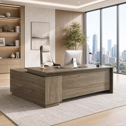 ZIMASYA 63" L Shaped Executive Desk with Locking Drawers - Modern Commercial Grade Business Office Furniture - Heavy Duty Wood Computer Workstation with Full Privacy Panel (Black Walnut)