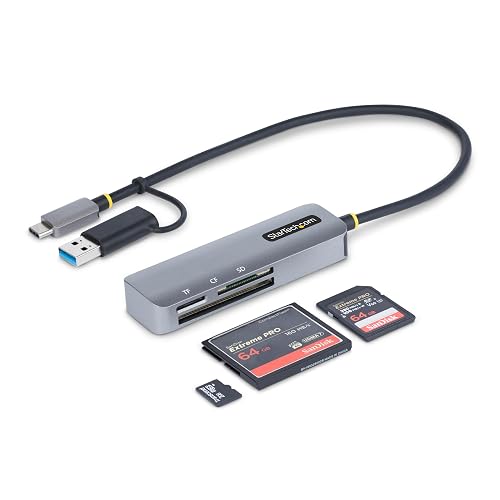 StarTech SD microSD CompactFlash Card Reader USB-C USB-A (FCREADMICRO3V2) | USB 3.0 5Gbps, Multi-media, 3 slots simultaneous read/write, 30cm cable, USB-A adapter incl, No drivers