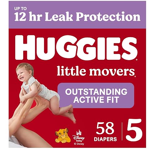 Huggies Little Movers Diapers Size 5, 58 Count | Double Grip Strips, Blowout Protection, Secure Flexible Fit, Up to 12-Hour Protection, Dry Touch Liner, Wetness Indicator