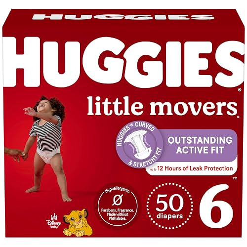 Huggies Little Movers Diapers Size 6, 50 Count | Double Grip Strips, Blowout Protection, Secure Flexible Fit, Up to 12-Hour Protection, Dry Touch Liner, Wetness Indicator
