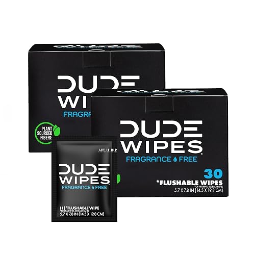 DUDE Wipes On-The-Go Unscented Adult Flushable Travel Wipes, 60 Count | 60 individually wrapped flushable butt wipes. Travel essentials. Hypoallergenic and fragrance free with aloe. Septic safe.