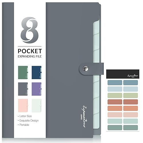 Sooez Elegant Accordion File Organizer, 8 Pocket Expanding File Folder | Portable Folders for Documents, Cute Paper Organizer with Labels, for School Office College Supplies, Letter Size, Grey