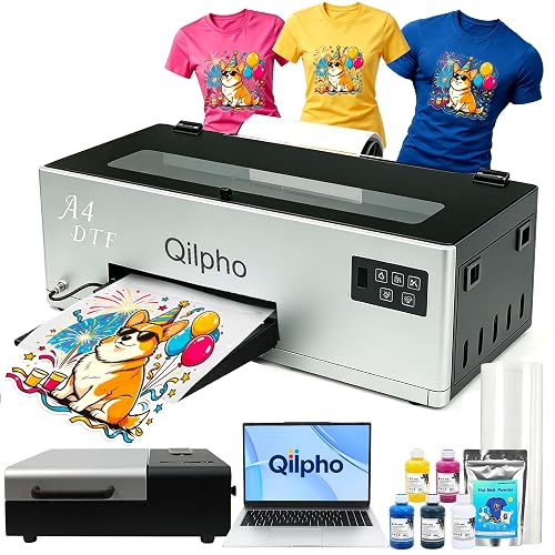 Qilpho A4 DTF Printer Complete Bundle with Curing Oven & Laptop, Direct to Film Transfer Printing Machine Featuring White Ink Circulation & Semi-Automatic Cleaning, Full Starter Kit Includes Software