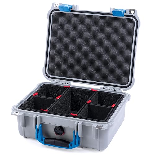 Pelican Protector 1400 Case by ColorCase - Silver - Medium Size Waterproof Case with TrekPak Divider System & Convoluted Lid Foam - Blue Handles & Latches
