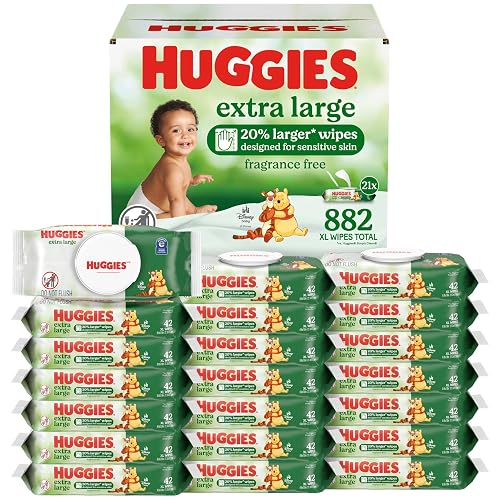 Huggies Extra Large Baby Wipes, Unscented, 21 Packs, 882 Wipes | XL-Sized Wipes, Thick & Soft, Hypoallergenic, Dermatologist-Tested, pH Balanced, Free of Parabens, Fragrance & Dyes