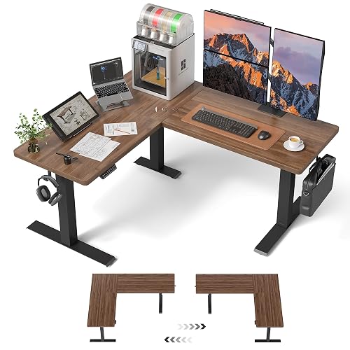 FEZIBO Triple Motors 25mm Tabletop L Shaped Standing Desk, 63" X 55" Electric Standing Gaming Desk Adjustable Height, Corner Stand up Desk with Splice Board, Black Frame/Black Walnut Top