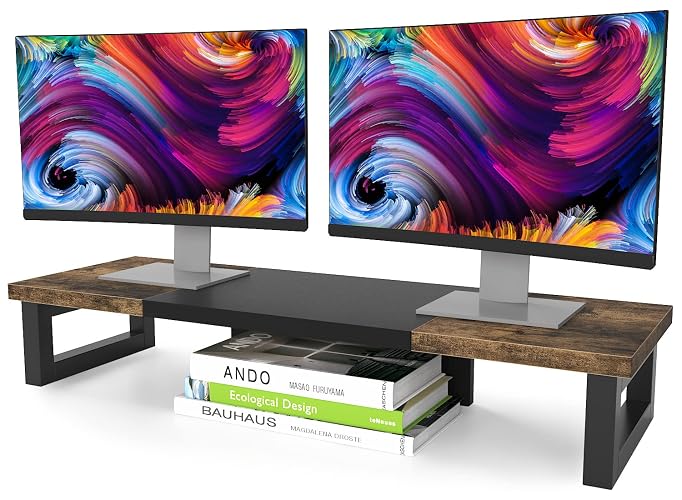 WESTREE Dual Monitor Stand Riser, Wood and Steel Multi-Purpose Desktop Storage Stand for 2 Monitors for Computer, Laptop, Printer, TV, Rustic Brown