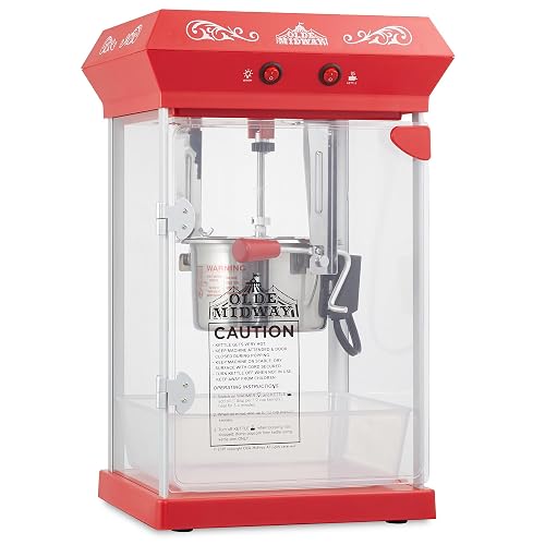 Olde Midway Popcorn Machine, 6oz Vintage-Style Countertop Popper, Red | Movie Theater Tabletop Popcorn Maker, 6-Ounce Stainless Steel Kettle, With Measuring Cup and Spoon, Scoop, Serving Bags