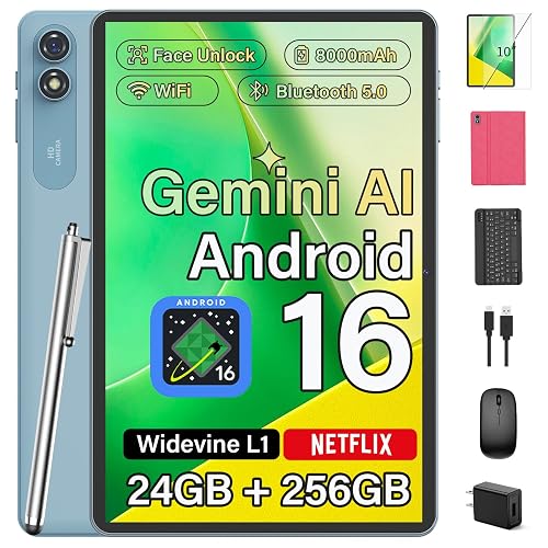 Android 10 inch Tablet with Keyboard, Android 16, 24GB+256GB+2TB-Blue Case | Electronic Tablet with 8-Core, Gemini AI, WiFi, 8000mAh, GPS, 2-in-1 Tablet with Case/Mouse/Stylus