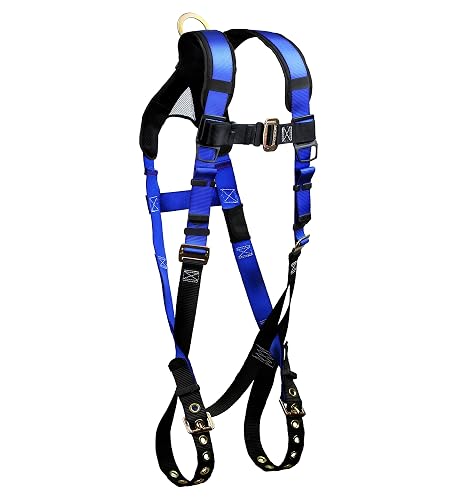 FallTech 7016B Contractor + Standard Non-Belted Harness, 1 Back D-Ring; MB Legs/TB Chest; Padded Mesh Yoke; Friction Roller Adjusters, UniFit, Small/Medium/Large, Blue