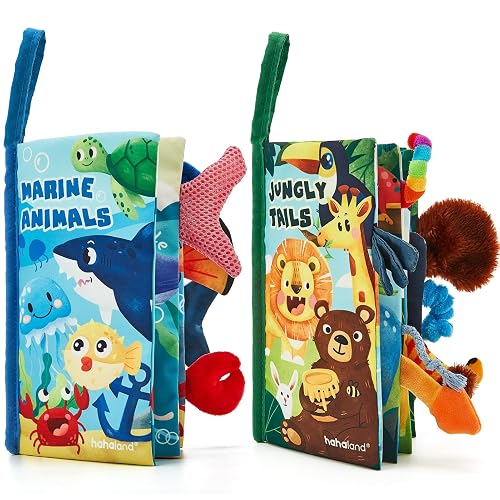 hahaland Crinkle Books for Babies 2-Pack - 2 3 4 Month Baby Toys 0-6 Months | Soft Textures Touch Feel Sensory Baby Book 6-12 Months, Infant Tummy Time, Busy Travel Toys Montessori Newborn Baby Boy Gifts