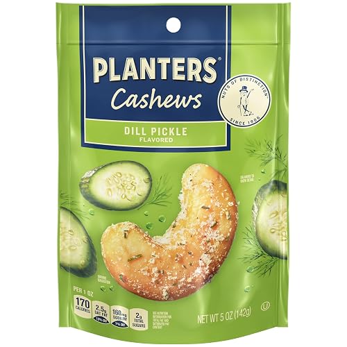 PLANTERS Dill Pickle Cashews, Plant Based Protein, 5 Oz (1 Ct) | Roasted Cashews. Flavored Cashews. Snacks for Adults. Resealable Bag. Plant Based Protein Snack. Party Mix