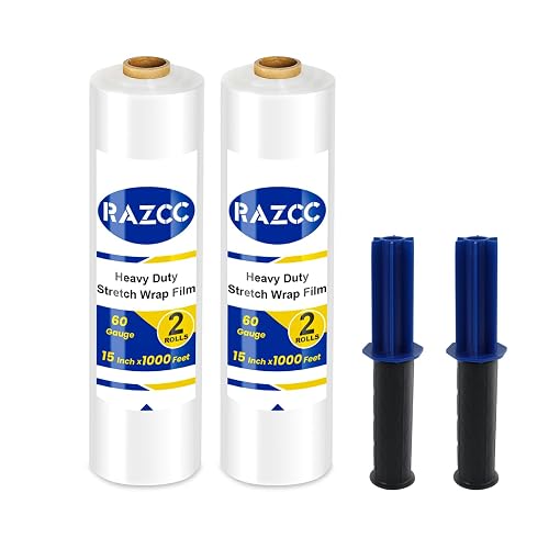 Stretch Film, RAZCC Stretch Wrap Industrial Strength, Shrink Wrap for Pallet Wrap, Heavy Duty Clear Plastic Wrap with Handles, Moving Wrapping Plastic Roll, 15" x 1000 Ft Per Roll, 60 Gauge, 2 Pack