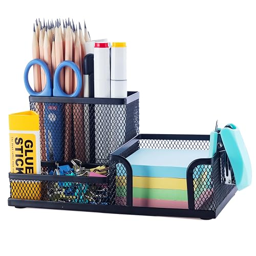 M&G Mesh Pen Holder Desk Organizers Pencil Holder for Desk Black, 3 Compartments Metal Office Supply Organizer with Sticky Notes Holder for School Home Office