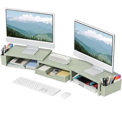 OPNICE Desk Organizers and Accessories, Dual Monitor Stand Riser with Drawer and 2 Pen Holders, Desk Shelf Computer Racks & Printer Stand for Office Workspace Organizers, Desktop Organization (Sage Green)