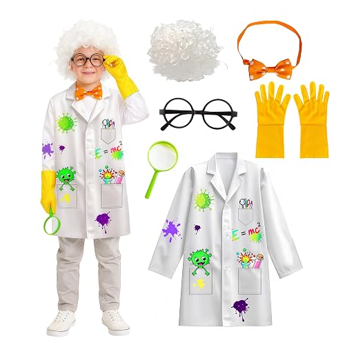 Wbesty 6Pc Kids Mad Scientist Costume with Lab Coat Frame Wig Gloves Bowtie & Magnifier Dress Up & Science Role Play for Kids