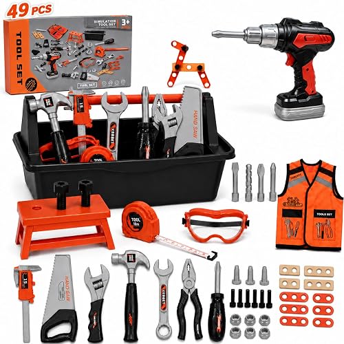 49-Piece Kids Builder Dress-Up Set | Toy Drill, Storage Box, Ages 3-7