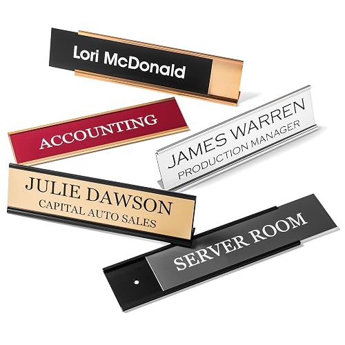 Providence Engraving Custom Engraved Name Plate with Aluminum Holder | Acrylic Name Plate for Desks & Walls, 2 Lines of Text, 12 Colors, 9 Fonts, 6 Holder Styles, 2" x 10"