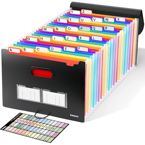 Sooez Accordion File Organizer, 26-Pocket Expanding File Folder Letter Size | A-Z Tabs, Deeper 26-Pocket Keep Index Tabs Visible, Thicken, Bill Tax Receipt Document Organizer Storage, Home Office School