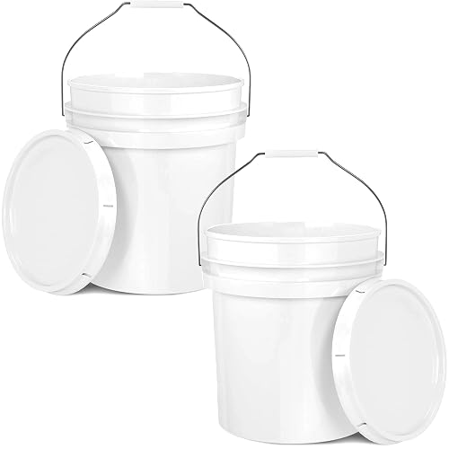5-Gallon White Bucket Pail Container with Lid | Food Grade | Heavy-Duty Approx 90 MIL Extra Durable | Metal Handles with Plastic Grip | Multi-Use | Easy Stack and Store | BPA Free - 2 Pack