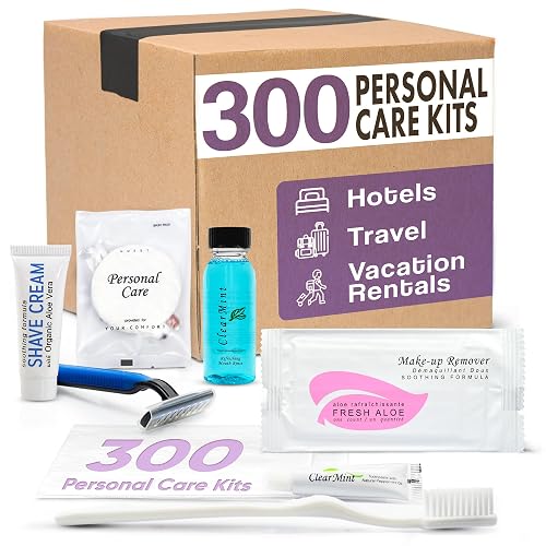 1-Shoppe Personal Care Travel Toiletries Kit, 300-Piece | Paraben Free, Hotels, Resorts, Travel Shaving Set, Mouthwash, Makeup Wipes, Swabs, guest amenities, hospitality supplies
