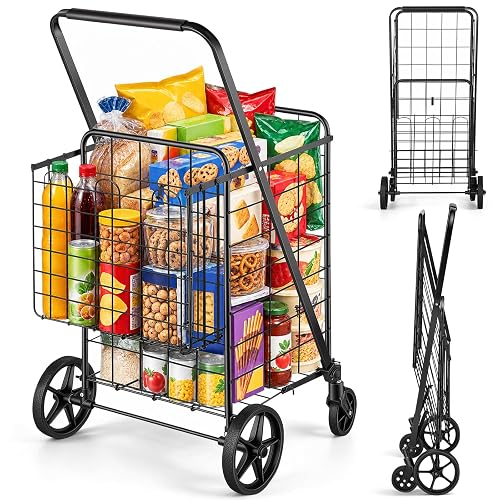 VEVOR Folding Shopping Cart Jumbo Grocery Utility Cart with Double Baskets | For Laundry, Shopping, Grocery, Luggage, 360° Swivel Wheels, 110 LBS Large Capacity, Heavy Duty, Black
