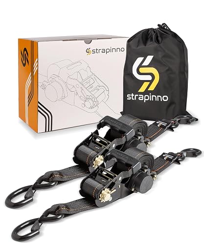 Strapinno Retractable Ratchet Tie-Down Straps,5,000 lbs Breaking Strength- 2 in x 12 ft Heavy Duty Ratchet Strap with Safety Lock S Hooks for Motorcycles, ATVs, UTVs, Lawn Equipment & Cargo (Black)