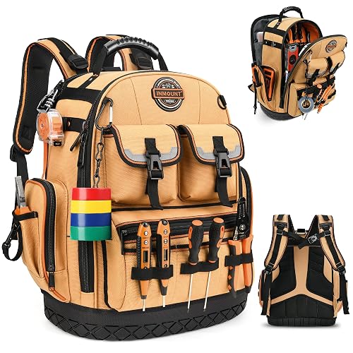 Tool Bag Backpack, Tool Backpack Heavy Duty Organizer/HVAC Tool Bag for Electrician/Construction Work with Molded Base and Combination Lock, Large, Brown