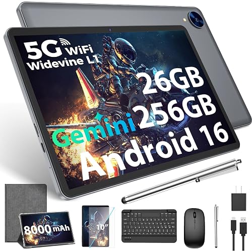 Android 16 Tablet with Keyboard, 10 inch Tablet with 26GB+256GB+2TB Expand | 2026 Gemini AI Tablet PC with 8-Core, 5G WiFi, 8000mAh, GPS, GMS, Electronic 2 in 1 Tablet with Case, Mouse, Stylus (Silver)