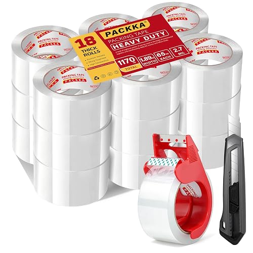 PACKKA Heavy Duty Clear Packing Tape, 18 Rolls with Dispenser & Knife | Packaging Tape Refills for Storage Warehouse, Shipping, Mailing & Moving Boxes Supplie,18 Rolls,2.7 Mil,1.89" x 65 Yards