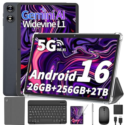 2026 Android 16 Tablet with Keyboard - 10 inch Electronics Tablet (Silver) | 26GB+256GB+2TB Expand, Gemini AI, 8000mAh, 5G WiFi, GPS, GMS, 2 in 1 Tablets with Case/Mouse/Stylus for Senior/Student/Worker