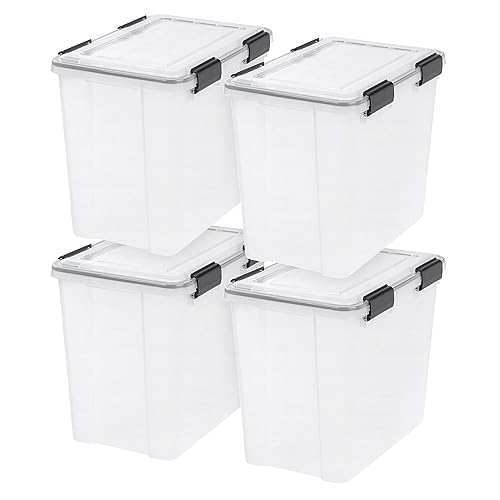 IRIS USA 4-Pack 32 Qt Storage Bins with Gasket Lids, Clear/Black | WeatherPro seal protects everyday essentials in closets, offices and laundry rooms