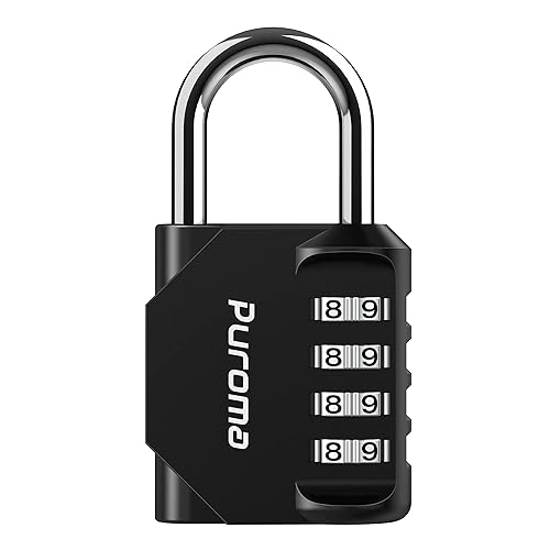 Puroma 1 Pack Combination Lock Locker 4 Digits Combo Padlock Gym Black | For School Gate Fence Toolbox Hasp Storage, Outdoor, Resettable, Weatherproof, Side Window, Crack Cut Resist, Hardened Steel