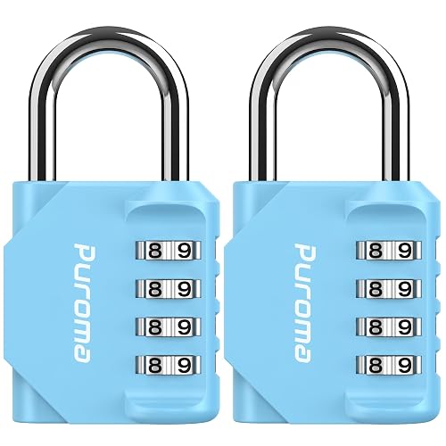 Puroma 2 Pack Combination Lock Locker 4 Digits Combo Padlock Gym Sky Blue | For School Gate Fence Toolbox Hasp Storage, Outdoor, Resettable, Weatherproof, Side Window, Crack Cut Resist, Hardened Steel