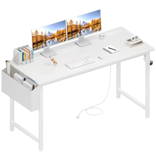 Lufeiya White Computer Desk with Power Outlet, 47 inch Teen Study Table Home Office Work Writing Gaming Desks with Charging Station Outlets Built in, White