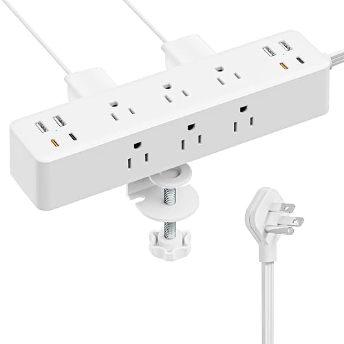 Desk Clamp Power Strip 10FT, Acozvin 40W Total Fast Charging Station | 9 AC Outlets 8 USB Ports(4 USB C),2 PD20W USB C Ports,Flat Plug Extension Cord,Desk Edge Mount, Fit 1.7" Tabletop Edge, White