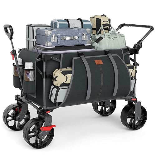 EVER ADVANCED Folding Push Wagon with Brakes, Portable Shopping Cart | Push and Pull Wagon, Collapsible Wagon Cart with All-Terrain Big Wheels for Beach, Camping, Sports