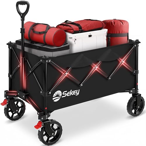 Sekey Collapsible Wagon, 300 lb Capacity, 29 in Cargo Bed, Compact Fold | Foldable wagon cart with 29 x 18 x 14 in cargo bed, 300 lb steel frame, 600D Oxford fabric and 1.2 cu ft folded storage.