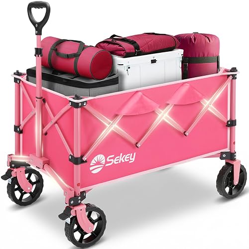 Sekey Collapsible Wagon, 300 lb Capacity, 29 in Cargo Bed, Compact Fold | Foldable wagon cart with 29 x 18 x 14 in cargo bed, 300 lb steel frame, 600D Oxford fabric and 1.2 cu ft folded storage.