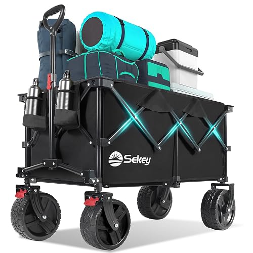 Sekey 220L Beach Wagon, 440 lb Capacity, Foldable, 8 in Wide Wheels | Beach wagon and collapsible wagon cart with 8 x 3 in wide-tread wheels, brakes, 360-degree steering and 1.36 cu ft storage.