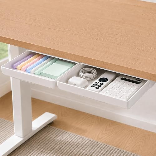 Under Desk Drawer, 2 Pack Self Adhesive Slide Out Desk Storage Drawers | Hidden Desk Drawer Organizer Attachment for Pens, Notes, Earbuds, Cables and Small Office Accessories, White