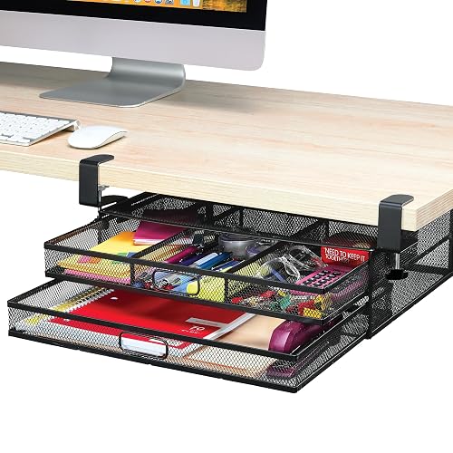 Homeify Under Desk Drawer Organizer Clamp-On, Mesh Metal Drawer Attachment, 2 Drawer Slide Out, On Or Under Desk Organizer For Office Supplies & Home Essentials (2 Drawers)