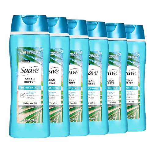Suave Ocean Breeze Moisturizing Body Wash with Glycerin & Vitamin E, Hydrating Formula For Soft, Smooth Skin, Long Lasting Fragrance, 18 FL OZ, 6 Count