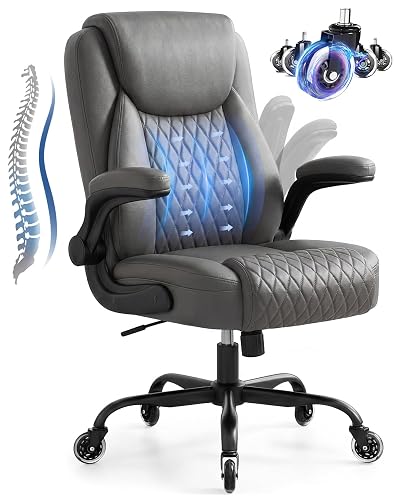 GTPOFFICE Executive Office Chair, Ergonomic PU Leather Desk Chair,Pro Gray | Comfortable Lumbar Support, Upgrade Smooth Rubber Wheel, Flip-up Armrests, Zoned Pressure-Relief Pocket Spring Cushion