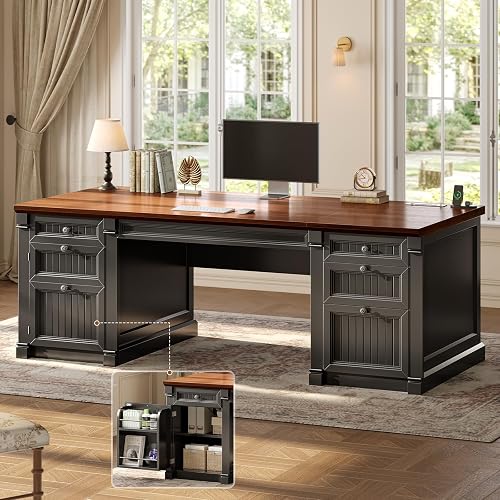 SEDETA 67" Office Executive Desk with 4 Drawers, Storage Cabinet & Outlet | Brown+Black Home Office Computer Desk with File Drawers & Cabinet, Power Strip for Office, Bedroom, Work, Writing,Study Table
