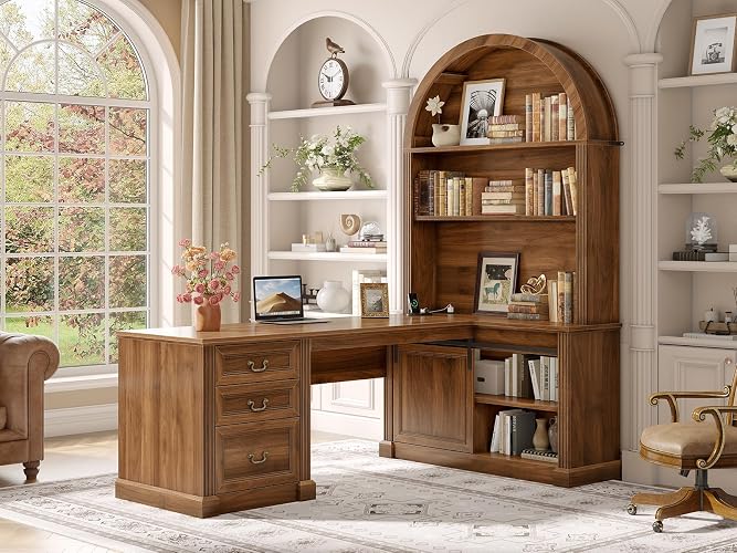 SEDETA 67" L Shaped Desk with Tall Arched Bookshelf & 3 Drawers Storage | Brown Mid-Century Office Computer Desk with Hutch Shelves, Corner Executive Desk with Sliding Barn Door for Home Office