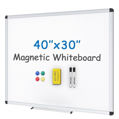VIZ-PRO Magnetic Whiteboard, 40 x 30 Inches, Dry Erase Board for Wall | Includes 1 Eraser, 2 Markers & 4 Magnets, Aluminum Frame, for School Office and Home